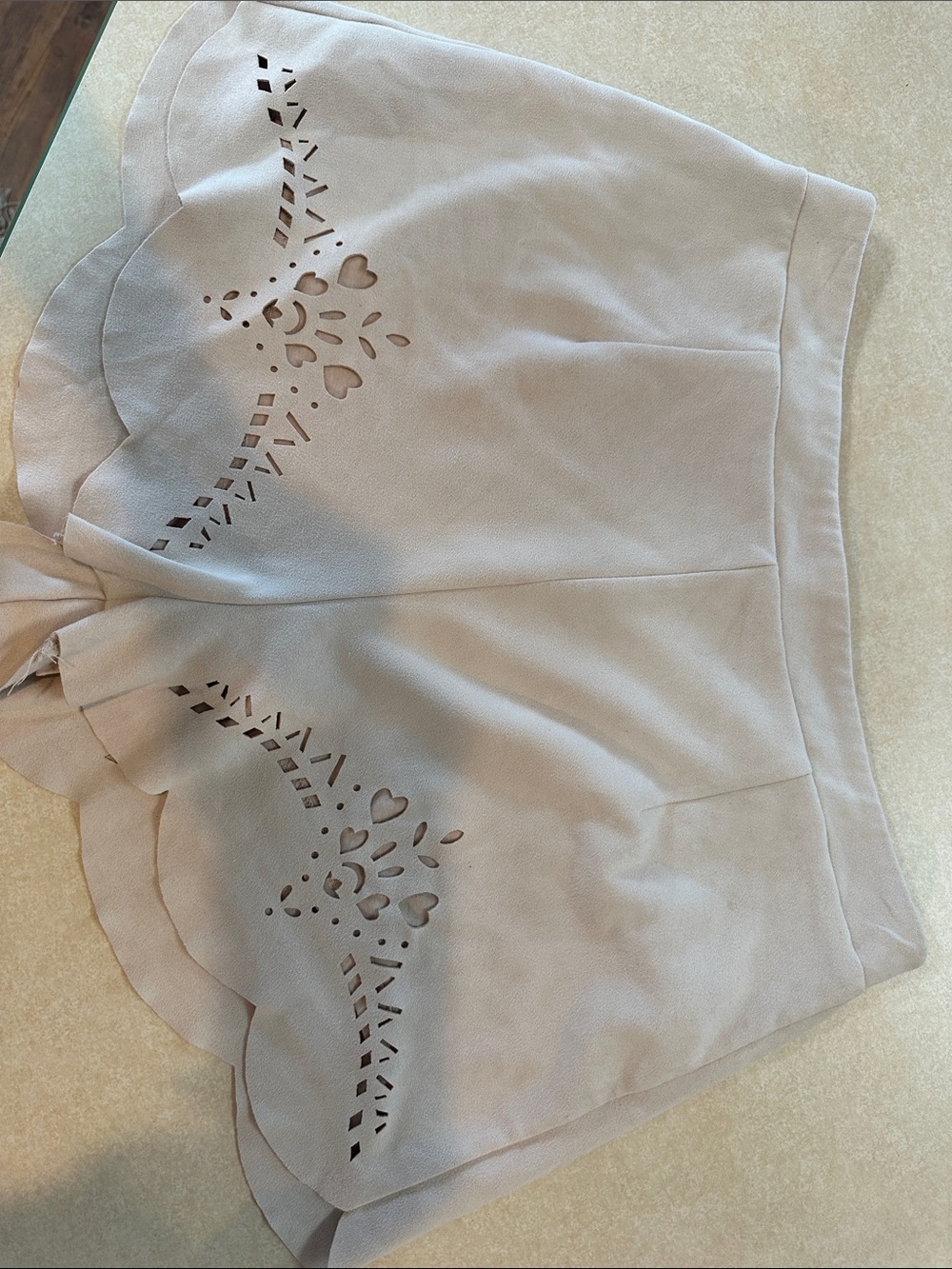 MINKPINK Scalloped Laser-Cut High Waist suede-like Shorts in Beige